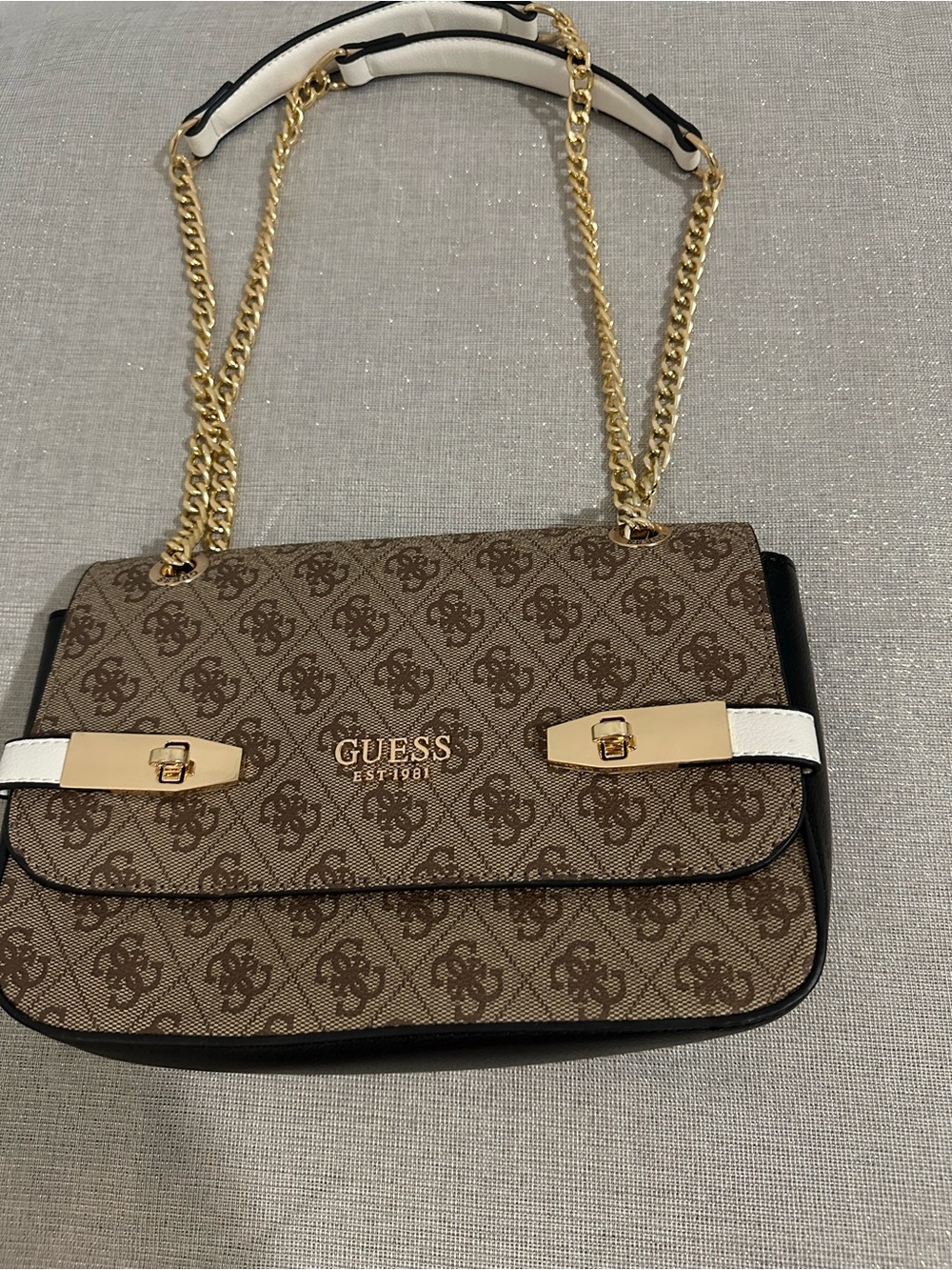 GUESS Brown Monogram Shoulder Bag with White Accents and Gold Chain